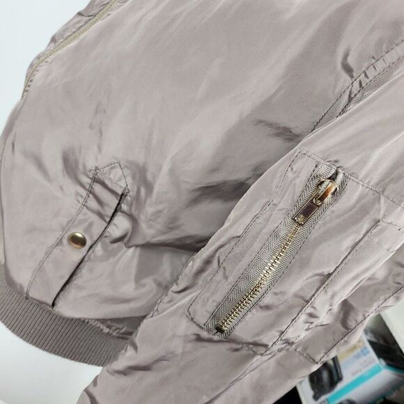 Forever Flower Champagne Brown Zip Front Satin Bomber Jacket 90s Y2K Womens S - Picture 5 of 7